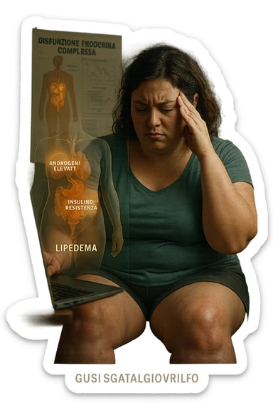 cinematic realistic in italiano Woman with PCOS struggling with hormonal chaos, transparent overlay showing elevated androgens and insulin resistance affecting her body, lipedema causing disproportionate fat accumulation in legs and arms despite normal torso, expression of frustration with unexplained weight gain, medical charts showing complex endocrine dysfunction, painful swollen limbs contrasting with metabolic confusion in italiano sticker