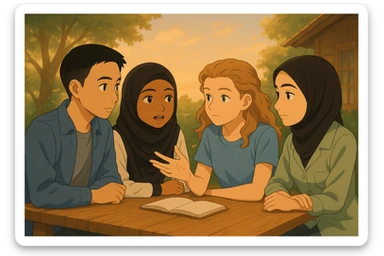 Continuation of the image: The second girl in hijab on the right is speaking, the others are listening attentively, a gentle breeze blowing, warm atmosphere, original faces preserved as much as possible, in Ghibli style, same outdoor setting. sticker