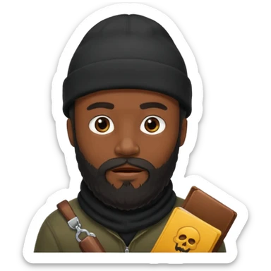 A dark-skinned man with a black beanie, and a full beard, giving him a thief-like appearance. sticker