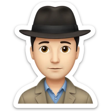 A light-skinned middle-aged man with short dark hair, and a black fedora, with an oval face and calm look. sticker