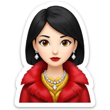 * Character: A stylish lady,black hair
* ﻿﻿Clothing: A luxurious red fur coat
* ﻿﻿Accessories: A dazzling diamond necklace
* ﻿﻿Expression: Confident, elegant, maybe slightly glamorous
* ﻿﻿Pose: Head slightly tilted or a poised posture
* ﻿﻿Style: Emoji-like, simple but expressive sticker