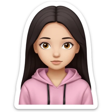 A pretty girl with light skin and long straight black brown hair, wearing a very light pink basic hoodie with brown eyes and makeup and a round face sticker