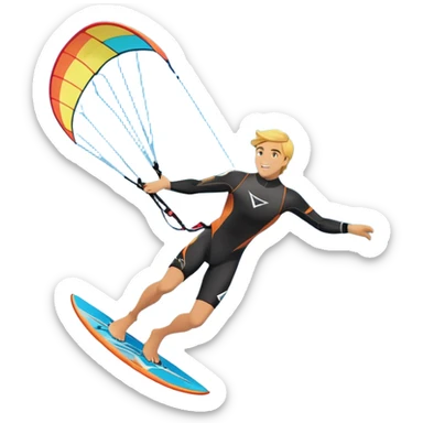 An athlete in a wetsuit riding a kiteboard, soaring over the sea waves with the kite high in the sky. The background features a vibrant blue sky and crashing ocean waves, capturing the thrill and freedom of kitesurfing in dynamic motion. sticker