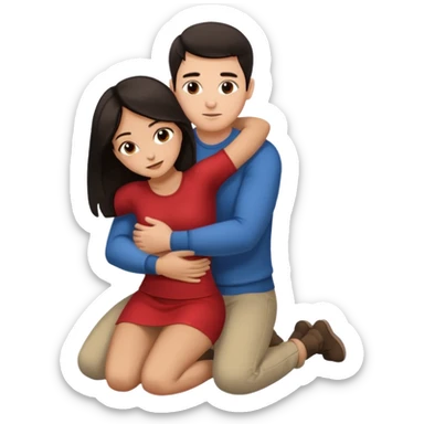 man with dark hair on knees, facing dark haired standing woman, hugging her waist sticker