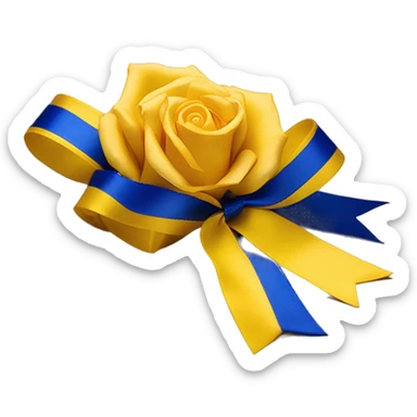 Royal blue and gold ribbon tied around the stern of a yellow tea rose sticker