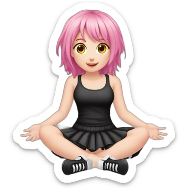 Full body Front view curvy emo girl pink hair sits on the floor straight view hands up black skirt белые трусики полосатые рваные чулки sticker