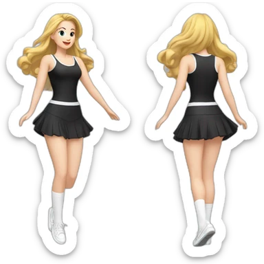 full-body-caucasian-curvy-beauty-jumping-short-black-skirt-back-and-front-views-strong-wind-white knickers-long-white-socks sticker