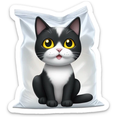 A little black and white cat sitting in a white plastic bag. The cat is mostly black except for white on her nose and paws. The cat has yellow eyes  sticker
