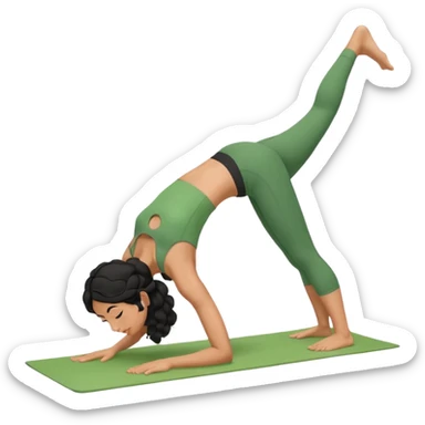 a woman with olive skin tone and curly black hair wearing green and doing a downward dog yoga pose sticker