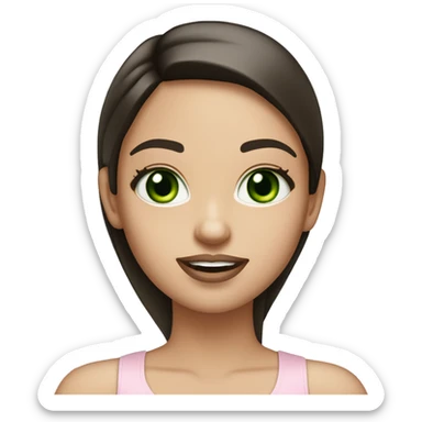 beautiful girl with high cheek bones, long straight shiny dark brown hair, big green eyes and big pale pink lips. Wearing a cream tank top sticker