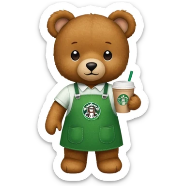 teddy bear wearing green apron with one cup of starbucks coffee sticker