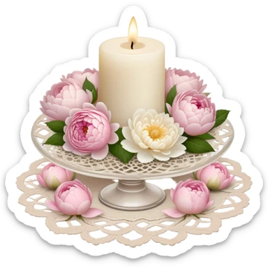 A small ivory wax candle in an ornate glass holder, placed on an antique lace doily, surrounded by loose soft pink rose petals, delicate white peonies, and blush dahlias, casting a warm, vintage glow.
 sticker