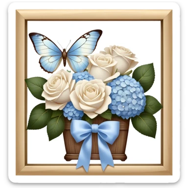 An antique wooden windowsill adorned with an elegant arrangement of white roses and soft blue hydrangeas. A silk bow in muted beige is loosely tied around the bouquet, while a translucent butterfly with pearlescent wings delicately lands on the petals. sticker