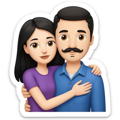 a short white girl with long black hair hugging a tall white guy with brown hair goatee mustache sticker