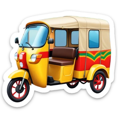 Cinematic Realistic image of a colorful auto rickshaw, rendered with detailed textures and lively, bold hues, set on a bustling urban street with dynamic, vibrant lighting that emphasizes its iconic role sticker