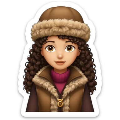 "A girl with curly dark hair 👩🏻‍🦱, wearing a fur hat 👒🦊 and a fur vest 🧥, standing in the snow ❄️ with pine trees 🌲 in the background, holding a Bashkir dombyra 🎶. Emoji style." sticker