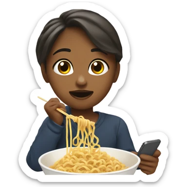 A girl eating ramen noodles and watching a show on her phone sticker