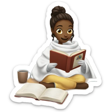 Science textbooks and girl reading them she is wearing a blanket and holding coffee while reading the science textbook sticker