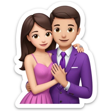 Brunette girl, with an engagement ring on her finger hugging a handsome man, (her boyfriend) both of them happy, she’s wearing a pink dress, he is wearing a suit, he’s also a rich businessman, and there is the 💜 purple heart emoji on top. They look in love with each other sticker