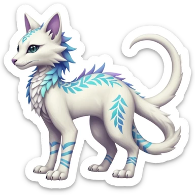 Kawaii white iridescent edgy cool fantasy feline-vernid-sergal-fursona animal creature with a tufted tail full body with intricate tribal markings  sticker