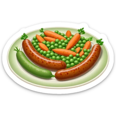 'meat and two veg' with sausage, peas, and carrots sticker