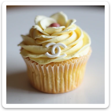 photorealistic pastel yellow Chanel cupcake with a camellia flower and edible logo, delicate and elegant sticker