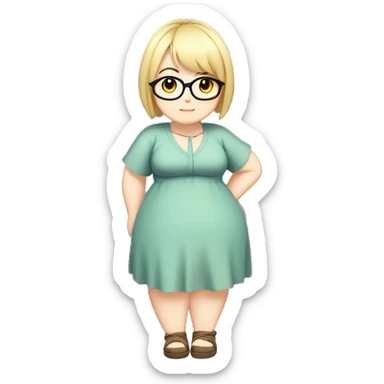 Chubby anime girl with glasses and short blond hair, full body wearing cute dress sticker