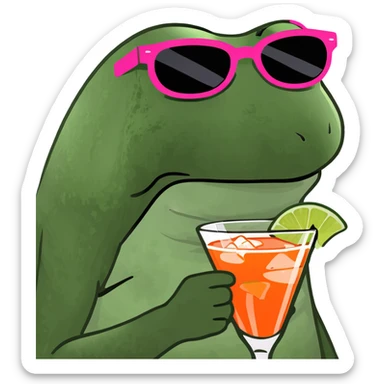 bufo frog with fashionable sunglasses, drinking a bright fruity cocktail sticker