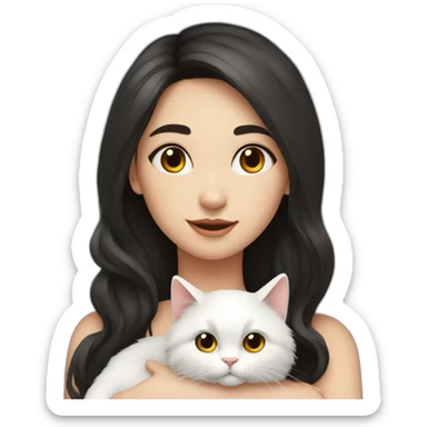 A girl with long dark hair and a white fluffy cat is lying on her left shoulder and neck sticker