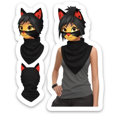 Edgy Shy Anthro Ninja boyish cool pretty dark black Litten-Pokémon-cat-fursona-animal techwear ponytail bandana sticker