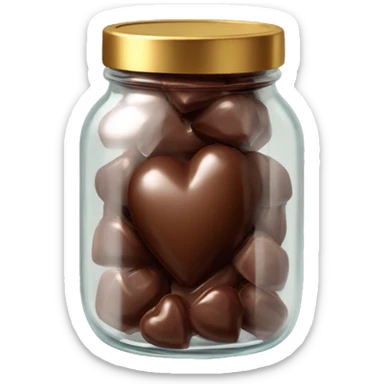 Realistic chocolate heart candies in a glass jar with a gold screw on lid on the top. sticker