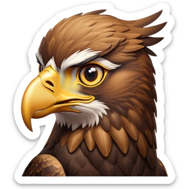 Cinematic Noble Golden Eagle Portrait Emoji, Poised and majestic, with a powerful, broad build, regal hooked beak, and piercing, intense eyes set against richly golden-brown plumage, Simplified yet sharp and sophisticated features, highly detailed, glowing with a soft, amber radiance, high shine, intelligent and commanding, stylized with an air of aerial supremacy, focused and determined, soft glowing outline, capturing the essence of a watchful and confident golden eagle that appears ready to soar out of the screen with effortless authority! sticker