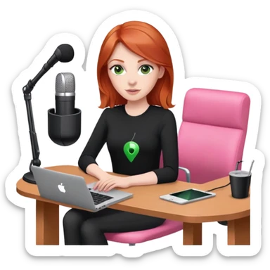 Redhead with green eyes sat at desk with pink MacBook and  podcast microphone black top and pink chair  sticker