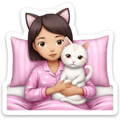 Short hair Asian girl wake up with white cat in pink pj sticker