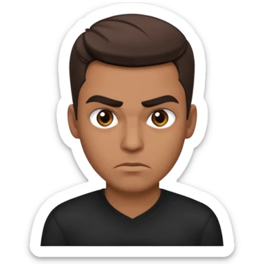 masculine white guy with brown characteristics (french crop) as hairstyle short hair brown eyes and thick eyebrows with a slit in the eyebrows. wearing a black shirt and having slightly angry expression but at the same time taking it as love  sticker