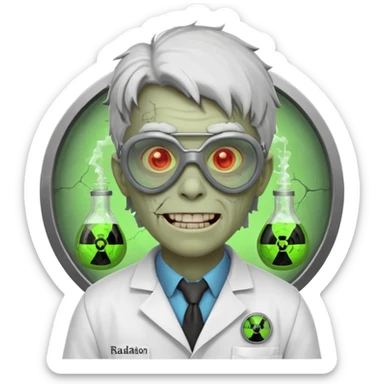 radioactive zombie scientist portrait, head and shoulders only, glowing toxic veins, cracked goggles, lab coat with radiation badge, sinister smile, 3D cartoon, mobile game icon style, clean background, no text, no watermark
 sticker