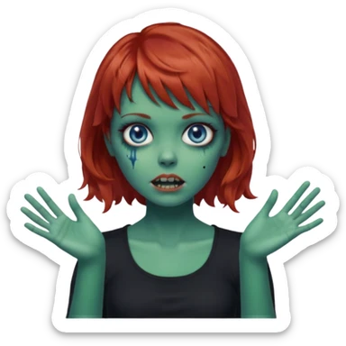 Zombie girl emoji with short red hair and bangs. Blue eyes, green skin, and a black top Her hair is slightly wavy and she has her hands outstretched in front of her.  sticker