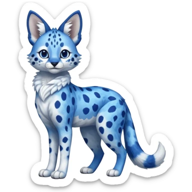 realistic, furry, big-eyed Cobalt-blue, sapphire-blue-spotted, white-pointed, exotic Serval-sergal-Trico-fusion-animal-hybrid, full body, with a gradient sky-blue fur coat sticker