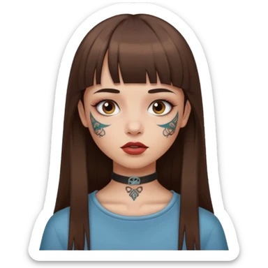 Alternative girl with long straight brown hair and micro bangs and a throat tattoo sticker
