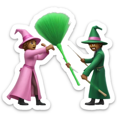 Pink wand duelling a green broom sticker