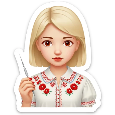 A young Ukrainian girl in a white embroidered shirt holds a red thread and a needle in her hand sticker