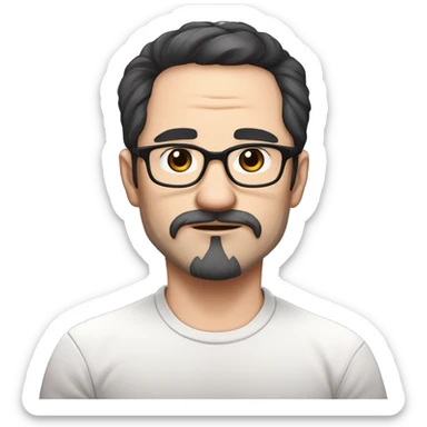 masterpiece, anime style, chibi, illustrated logo, medium short shot, emote for twitch of a 46 year old man, oval face, black hair, wrinkles on forehead, brown eyes, white skin, inky shirt, short hair, glasses
 sticker