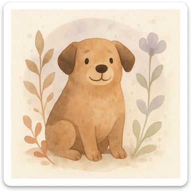 <systemPrompt>
  <style name="Watercolor Botanical Illustration">
    <medium>Watercolor</medium>
    <texture>
      <paper>Soft cotton texture, subtle grain</paper>
      <wash>Transparent color washes with visible layering</wash>
    </texture>
    <palette>
      <primary>Muted earth tones (browns, reds)</primary>
      <accent>Pastel purples and blues</accent>
      <background>Faded lavender wash with scattered dots</background>
    </palette>
    <details>
      <linework>Minimal, soft edges, no outlines</linework>
      <shading>Natural blending, subtle tonal gradients</shading>
      <features>
        <botanical>Organic shapes, abstract leaf and petal structures</botanical>
        <animal>Round forms, friendly expressions, simplified anatomy</animal>
      </features>
    </details>
    <composition>
      <focus>Centered subject</focus>
      <background>Soft circular watercolor wash</background>
      <spacing>Balanced with gentle whitespace</spacing>
    </composition>
    <atmosphere>Whimsical, serene, hand-painted</atmosphere>
  </style>
  <instructions>
    Use this style for all elements in the image. Ensure the soft watercolor texture is preserved across both the subject and background. Emphasize organic, natural forms with minimal sharp detail.
  </instructions>
</systemPrompt>

{subject} = dog sticker