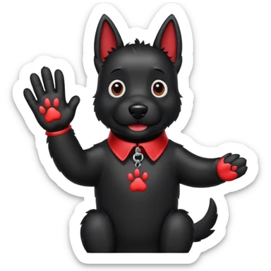 Black Scottie dog wearing red collar with paw print tag waving goodbye sticker