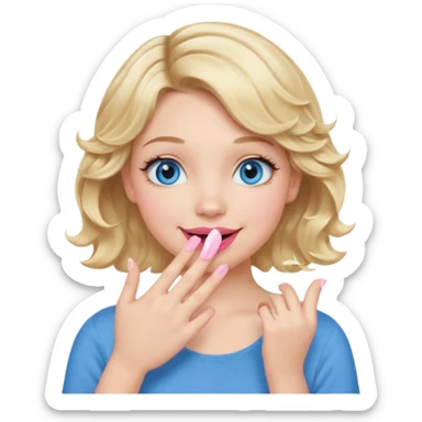 Girl Blonde short wavy hair,  blue eyes, cute blue top, long lashes, pink lips, smiling, hand covering the mouth sticker