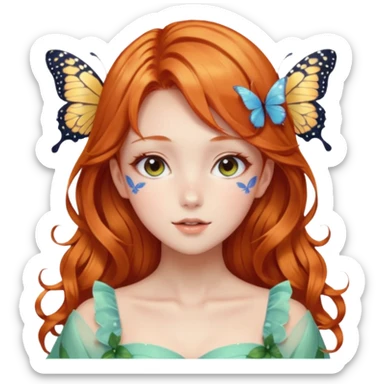 gorgeous shiny blushing anime lady with butterflies and beautiful ginger hair fairycore high quality detailed vogue trending aesthetic sticker