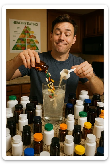a man stands in his kitchen, enthusiastically pouring multiple supplement pills and powders into a large glass of water. The kitchen counter is cluttered with dozens of supplement bottles, and his expression is confident but slightly oblivious. In the background, a nutrition guide or food pyramid is ignored, highlighting his focus on supplements over balanced nutrition. sticker