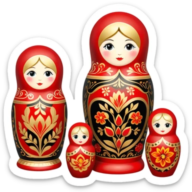 Wood painting icon, process of creating painted wooden matryoshkas (nesting dolls) of various sizes, vase, and small wooden box, visible carving tools, paintbrushes, traditional patterns in bright colors like red, gold, and black, no finished artwork, just the crafting process, minimalistic style, clean lines, transparent background. sticker
