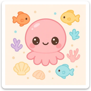shells on sandy beach, top-down view, extremely cute underwater cartoon creature with a big round head, huge sparkling eyes, small smiling mouth, and pink shiny skin, rosy cheeks, soft pastel colors, plastic toy-like texture, chibi style, surrounded by colorful fish and coral, gentle lighting, 3D-rendered, high detail, kawaii aesthetic sticker