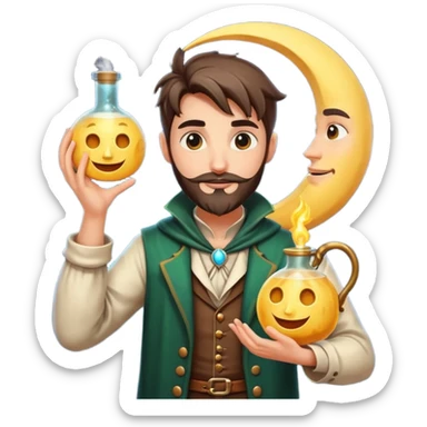 human forest alchemist character holding crescent moon like a glowing flask, mischievous idea face sticker